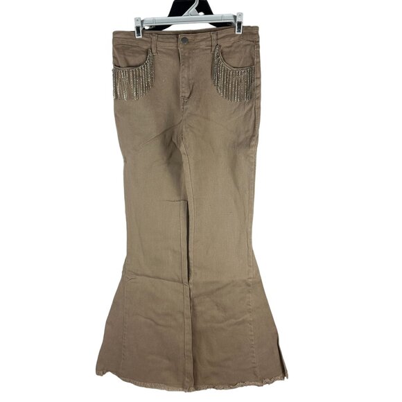 Blue B Collection Flared Khaki Jeans With Rhinestone Fringe Pockets Size L - Picture 1 of 7